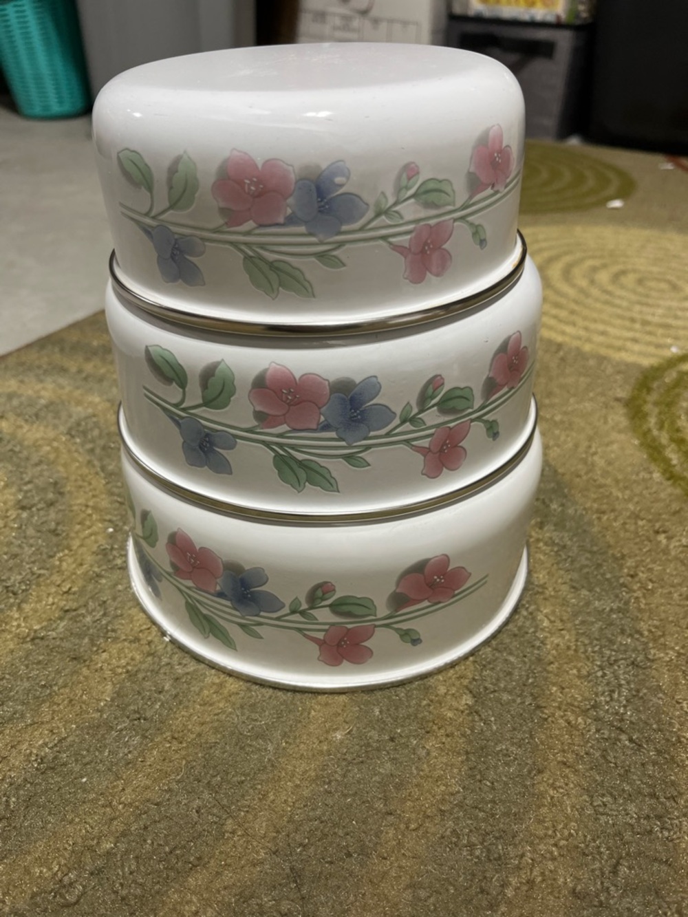 Stackable Floral enamel bowls set.  Set - Pink & Blue Flowers 7 1/4. 7 in. 6 in.